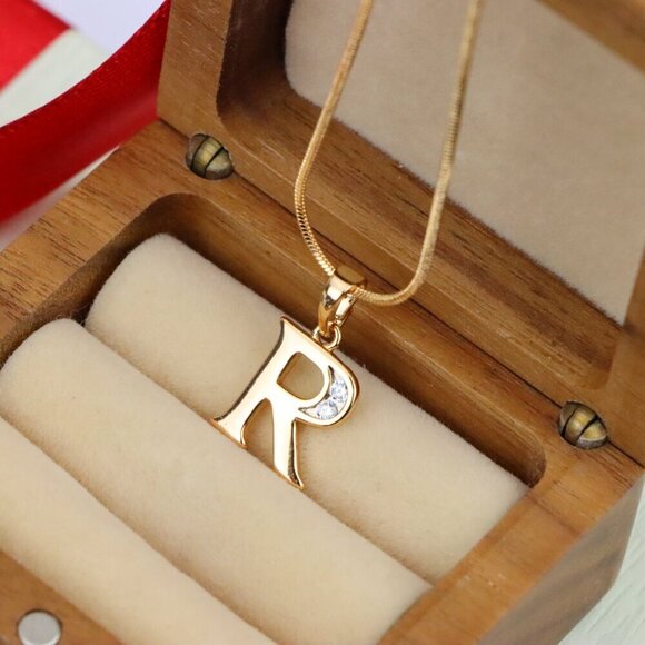 "Rose Gold Letter R Pendant with Crystal Accent – 18K Gold Plated, XPPT1367 - Picture 7 of 13